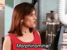 a woman in a red top says morphinominal