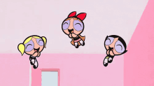 the powerpuff girls are flying through the air