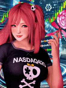 a girl with red hair wearing a nasdaq420 shirt