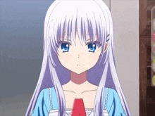 a girl with white hair and blue eyes is holding a watermelon in her hand