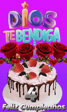 a birthday cake with strawberries and oreos and the words dios te bendiga feliz cumpleanos