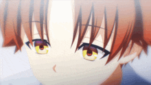 a close up of a person 's face with red hair and purple eyes
