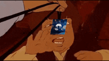 a cartoon of a man with a picture of an umbrella on his face being held by a person .