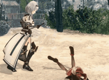 a video game character standing next to another character