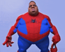 a fat man in a spiderman costume is standing with his arms outstretched .
