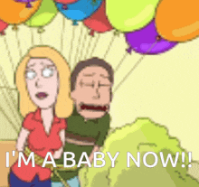 a cartoon of a man and a woman with balloons behind them and the words i 'm a baby now
