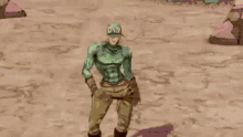 a cartoon character is standing in the middle of a field holding a sword and a helmet .
