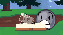 a cartoon character with a sad face is laying on a coffin in the grass