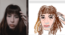 a drawing of a woman 's face next to a picture of her face