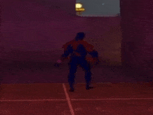 a man in a superhero costume is standing in a dark room .