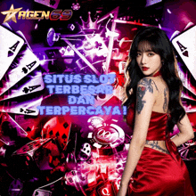 a woman in a red dress stands in front of a sign that says agen69