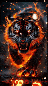 a tiger is surrounded by flames and lightning and has red eyes .