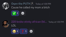 a screenshot of a discord conversation between ogen the ruth and 220 broke stinky african