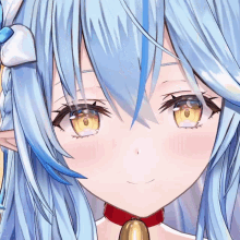 a close up of a blue haired anime character with yellow eyes