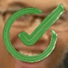 a close up of a person 's face with a green check mark in front of it .