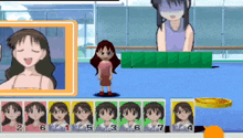 a cartoon girl is standing in front of a row of cards with the number 2 through 7 on them