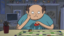a cartoon of a bald man playing a board game with a netflix logo in the background
