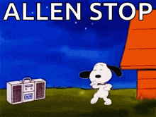 a cartoon of snoopy dancing in front of a boombox with the words allen stop on the bottom