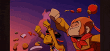 a cartoon of a man and a monkey with a red scarf around their necks