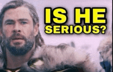 a man with a beard is standing next to a dog with the caption " is he serious "