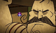 a cartoon drawing of a man with a mustache and a purple penguin