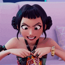 a cartoon girl is holding a bag of chips that says ' o ' on it