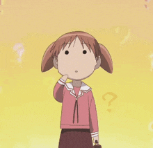 a girl with a question mark behind her looks confused