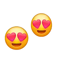two yellow smiley faces with pink heart shaped eyes