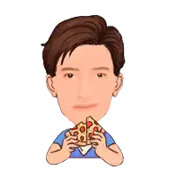 a man in a blue shirt is holding a slice of pizza