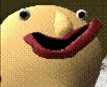 a pixelated image of a yellow object with a red mouth and eyes