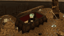a treasure chest is surrounded by gold coins and has a unicorn in it