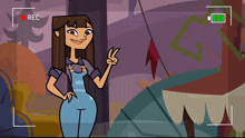 a cartoon girl giving a peace sign is being recorded by a camera