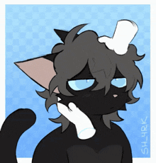 a drawing of a black cat with blue eyes and a white hand on his head