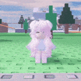 a girl with long pink hair and glasses is standing on a green field in a video game .