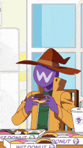 a cartoon of a wizard eating a donut from a box that says wiz donut