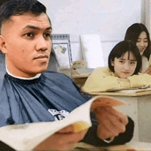 a man wearing a blue cape is reading a book in a classroom