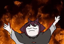 a cartoon of a girl with her arms outstretched in front of a fire