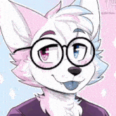a drawing of a furry character wearing glasses and sticking his tongue out .