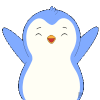 a blue and white penguin with its arms outstretched and a red beak