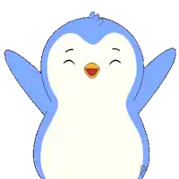 a blue and white penguin with its arms outstretched and a red beak