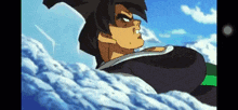 a cartoon character is flying through the air with mountains in the background .