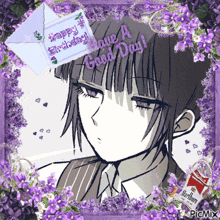 a picture of a girl surrounded by purple flowers with a marlboro cigarette