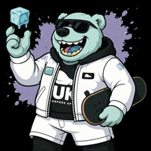 a cartoon of a polar bear holding an ice cube and a skateboard wearing a jacket that says uk