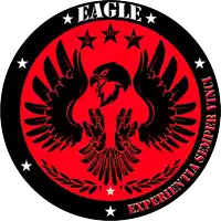 a red and black eagle logo with the words eagle experientia semper vinci