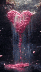 a waterfall with a heart made of pink petals