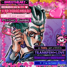 a cartoon of a man talking on a phone with the words sweetheart toxic mold psycho barbie