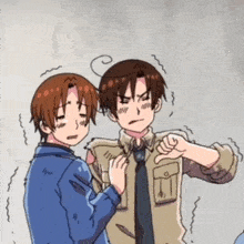 two anime characters are standing next to each other and one of them is giving a thumbs down