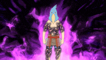 a cartoon character with a blue bird on his head stands in front of a purple background