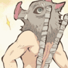 a cartoon of a man with a pig mask on his head holding a stick .