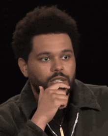 a man with a beard has his hand on his chin and looks to the side